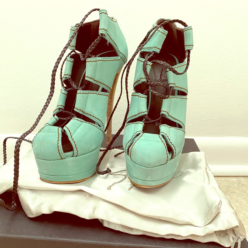 Giuseppe Zanotti aqua suede lace up bootie